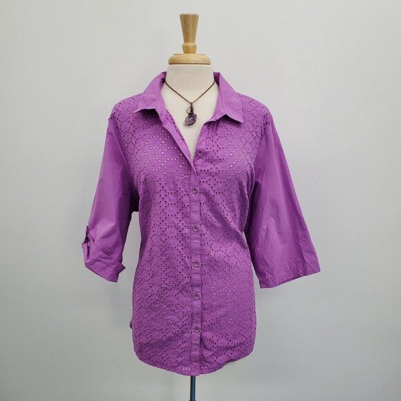 Catherines Womens Purple Eyelet Button Up Shirt Top Plus Size 1X Roll Tab Sleeve - Picture 1 of 14